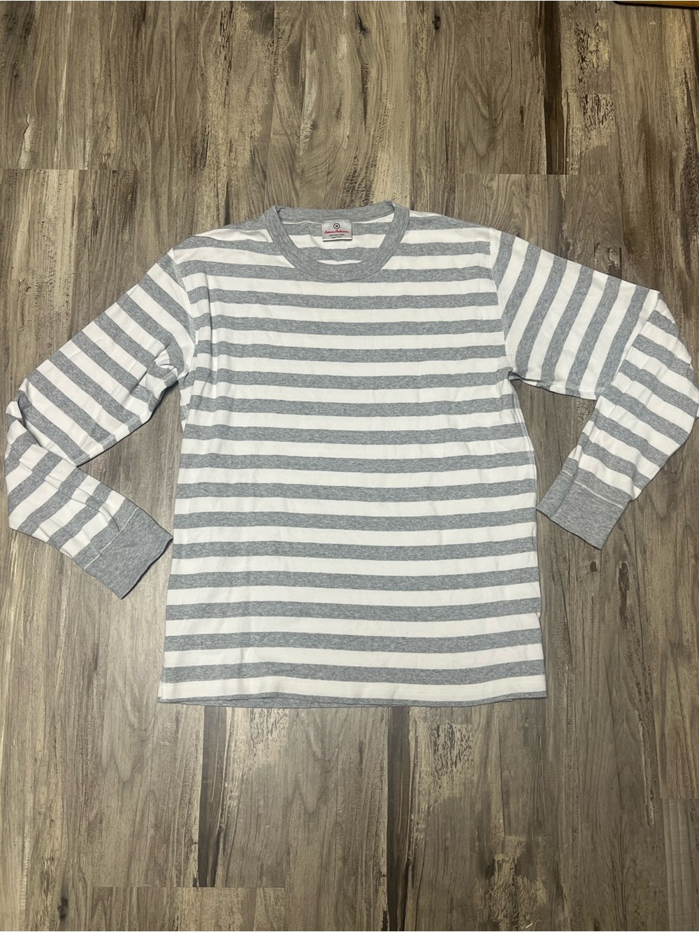 Hanna Andersson Adult M Grey White Striped Pajama Top Long Sleeve Tee